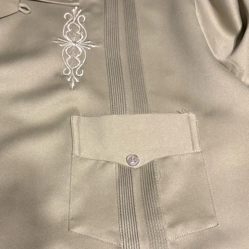 COPACABANA GUAYABERA-Men's Tan Embroidered Short Sleeve Shirt SZ 2X - Picture 7 of 8
